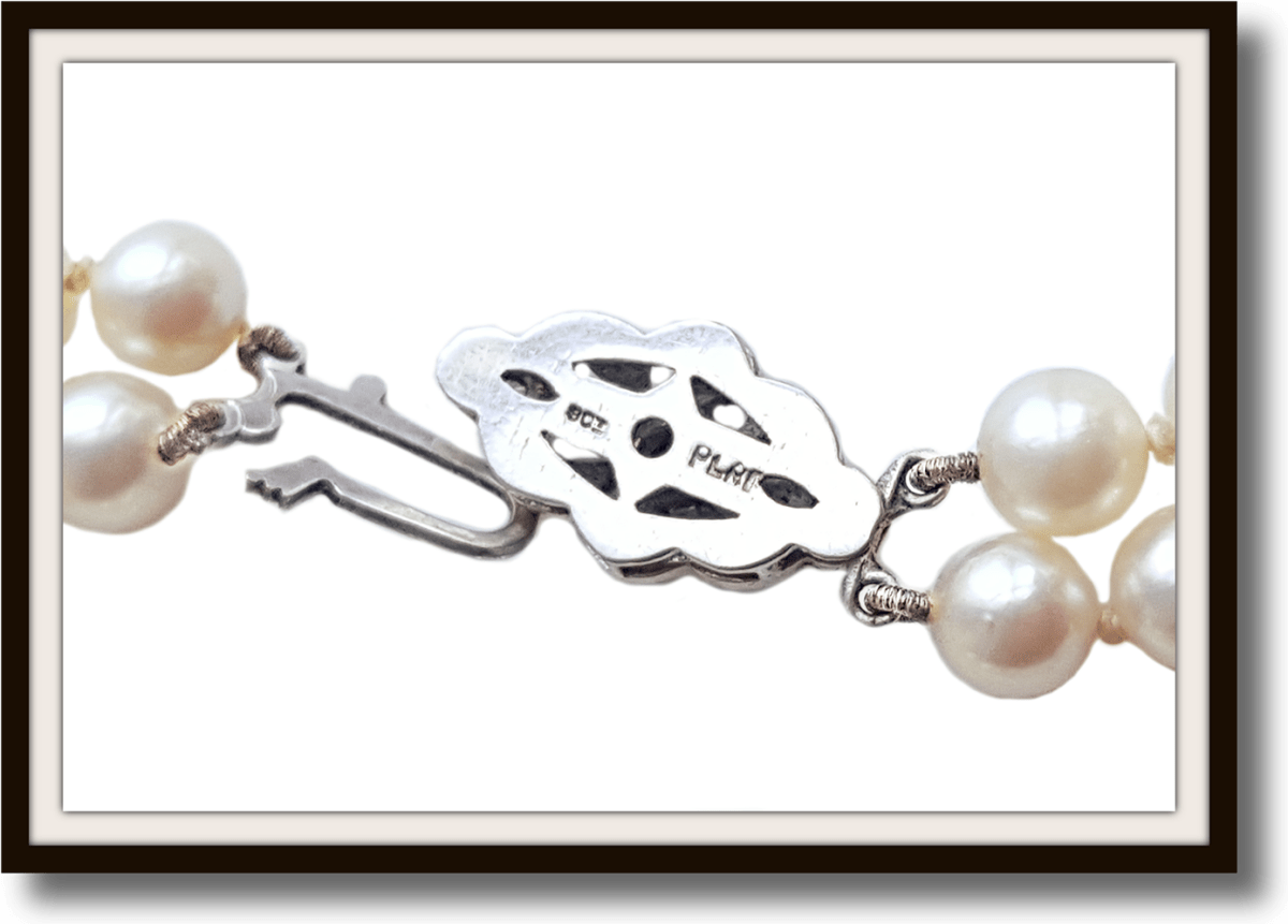 Vintage 1950s 2 Strand Akoya Cultured Pearl Hand Knotted Necklace 9k Gold & Platinum Rose Cut Diamond Clasp - Bloomsbury Manor Ltd