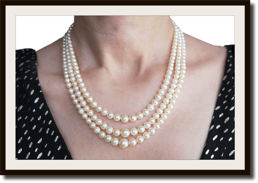 Vintage 1950s 3 Strand Graduated Retro Cultured Akoya Pearl Necklace with 18k Gold Clasp - Bloomsbury Manor Ltd