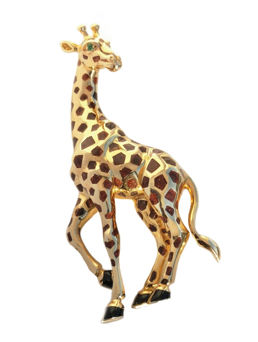 Vintage 1980s Cartier Enamel Giraffe Brooch with Emerald Set Eyes - Bloomsbury Manor Ltd
