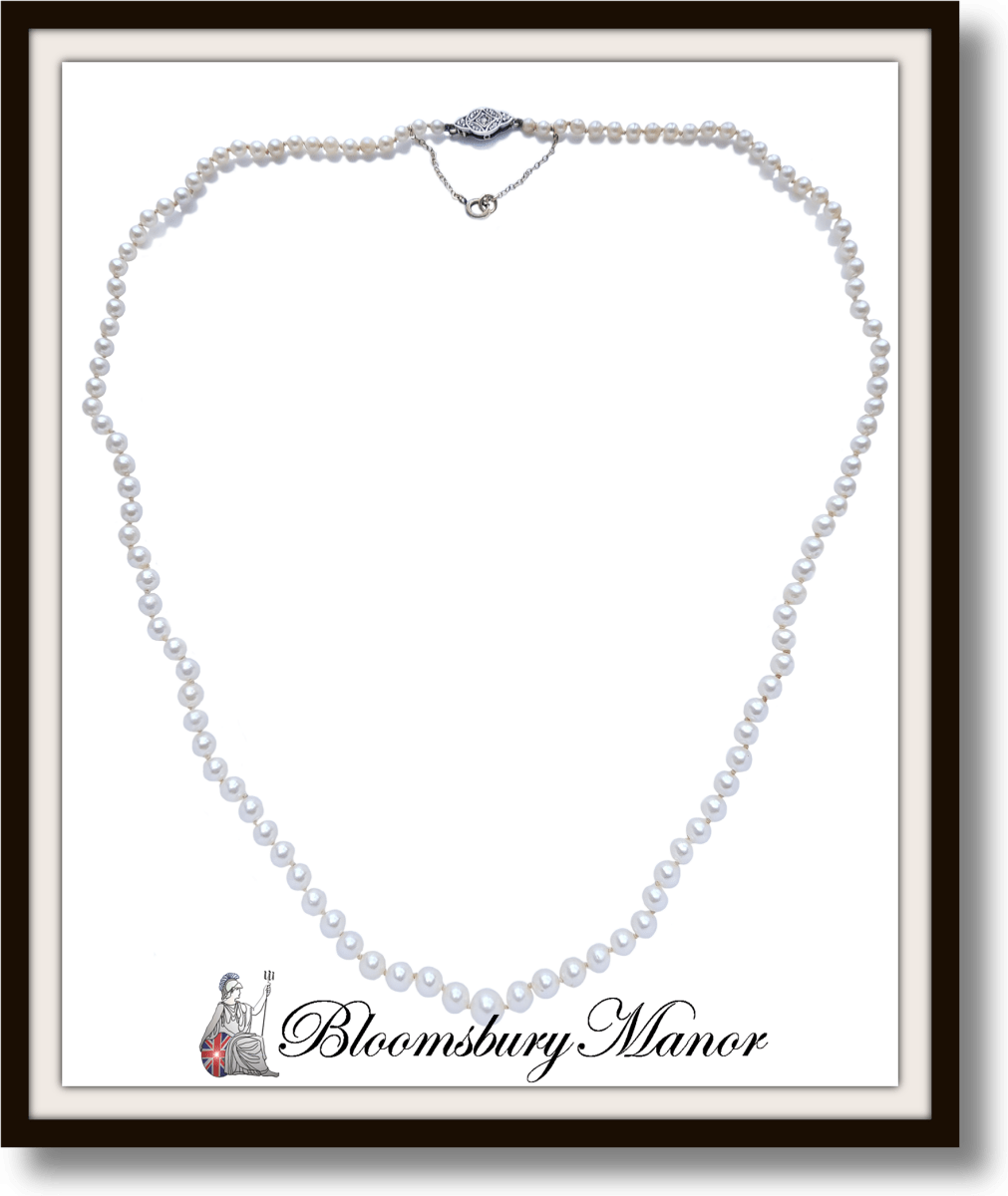 Vintage 22in Cultured Graduated Knotted Pearl Necklace 6.54mm - 3.7mm rose cut diamond clasp - Bloomsbury Manor Ltd
