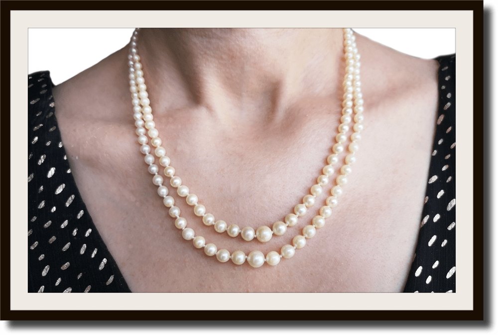 Vintage Akoya 18 inch Two Strand Knotted Graduated Cultured Pearl Necklace 18k Clasp - Bloomsbury Manor Ltd