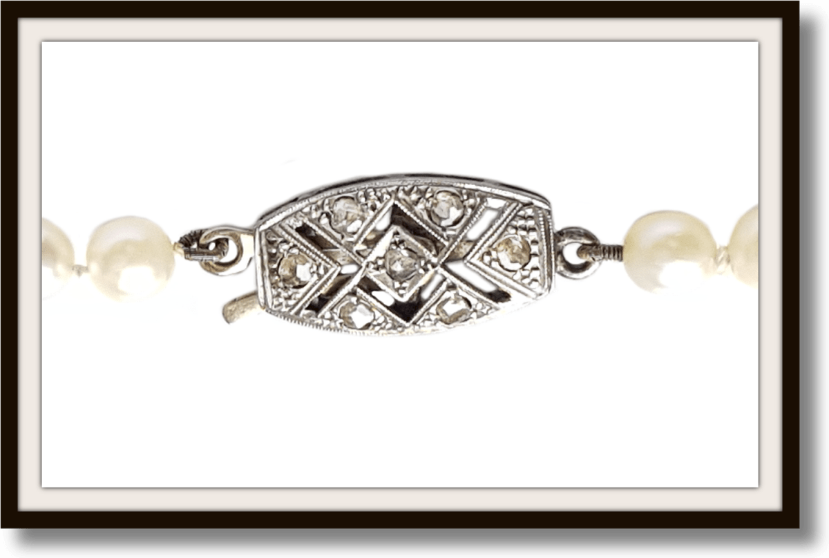 Vintage Akoya Cultured Pearl Hand Knotted Graduated Necklace Rose Cut Diamond Clasp 18in - Bloomsbury Manor Ltd