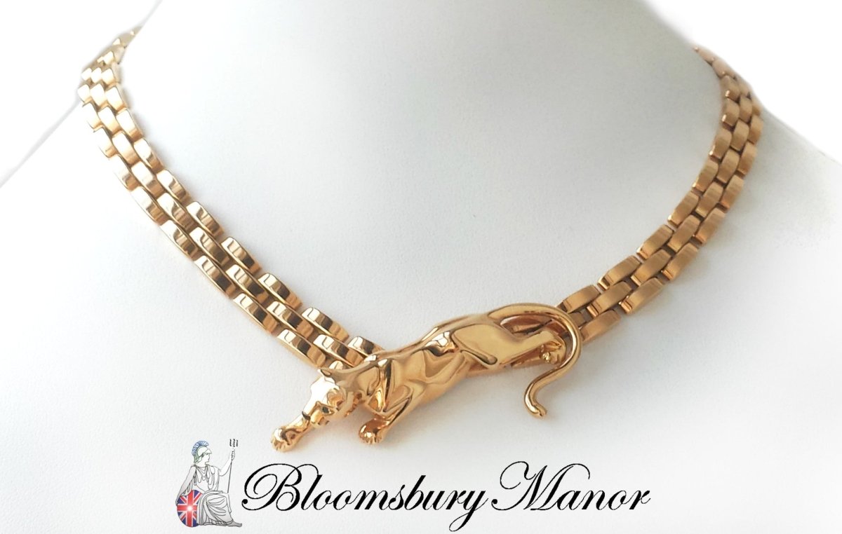 Vintage Cartier 18k Yellow Gold Maillon Panthere 3 - Row Necklace with Emerald Eyes - Bloomsbury Manor Ltd