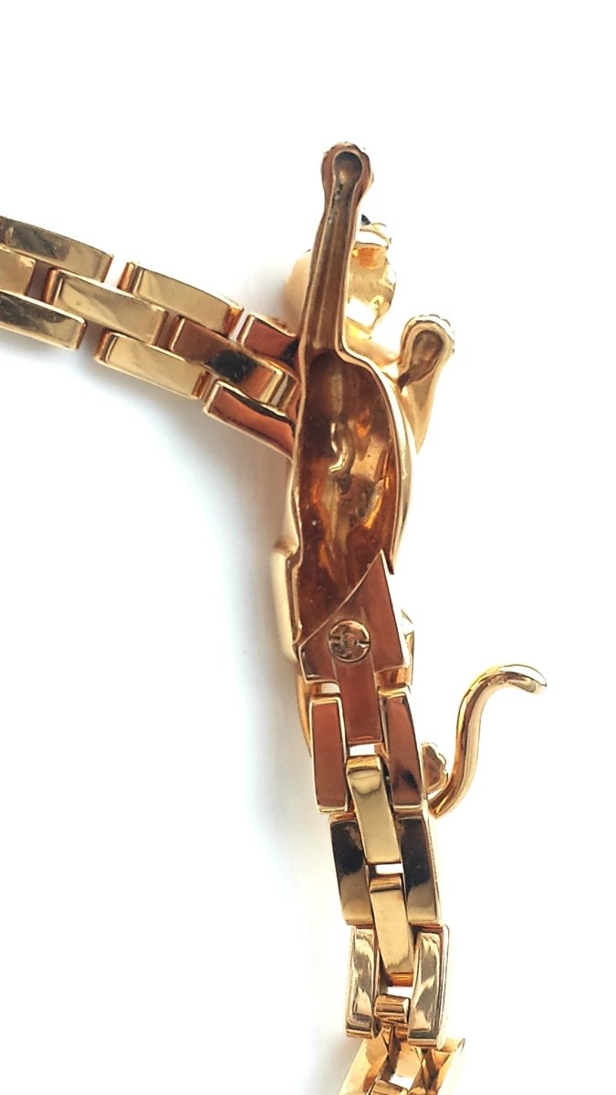 Vintage Cartier 18k Yellow Gold Maillon Panthere 3 - Row Necklace with Emerald Eyes - Bloomsbury Manor Ltd