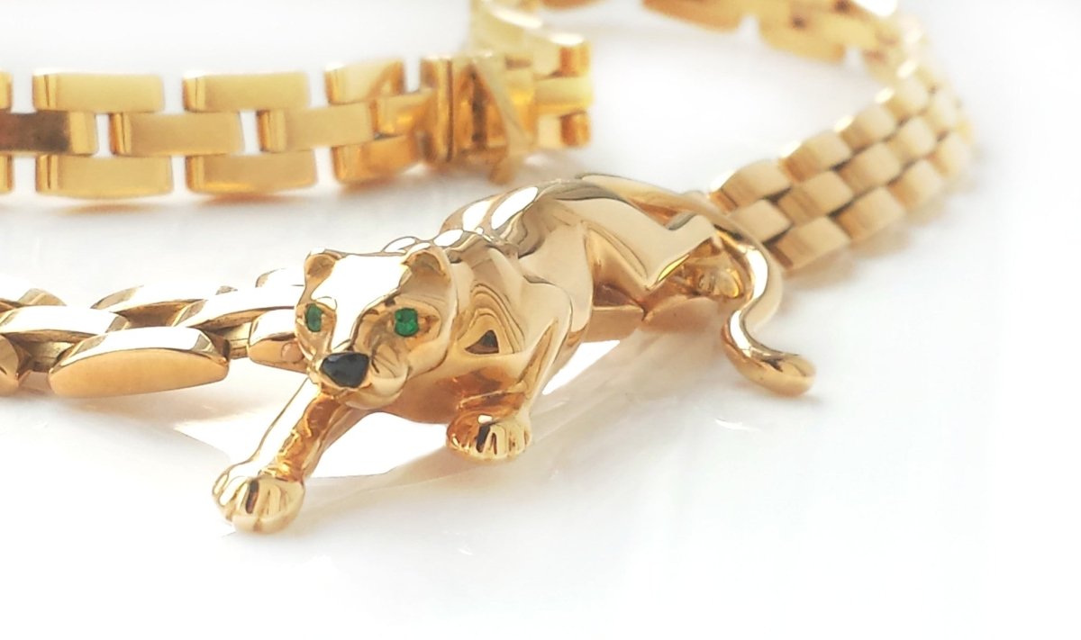 Vintage Cartier 18k Yellow Gold Maillon Panthere 3 - Row Necklace with Emerald Eyes - Bloomsbury Manor Ltd