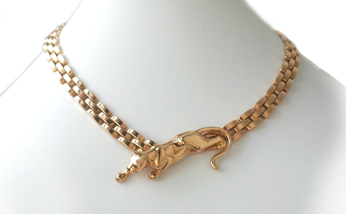 Vintage Cartier 18k Yellow Gold Maillon Panthere 3 - Row Necklace with Emerald Eyes - Bloomsbury Manor Ltd