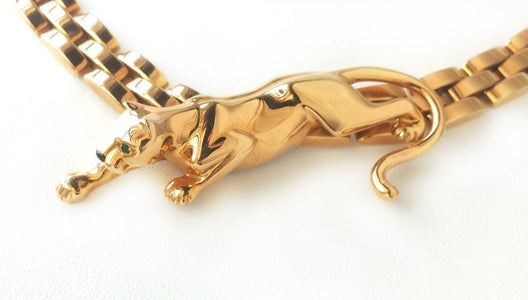 Vintage Cartier 18k Yellow Gold Maillon Panthere 3 - Row Necklace with Emerald Eyes - Bloomsbury Manor Ltd