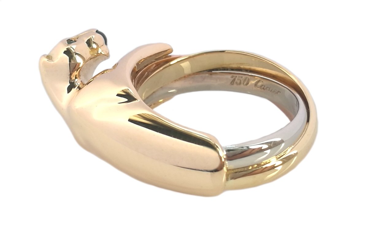 Vintage Cartier Panthere Trinity Ring in 18k Gold & Emerald, Size 52 - Bloomsbury Manor Ltd