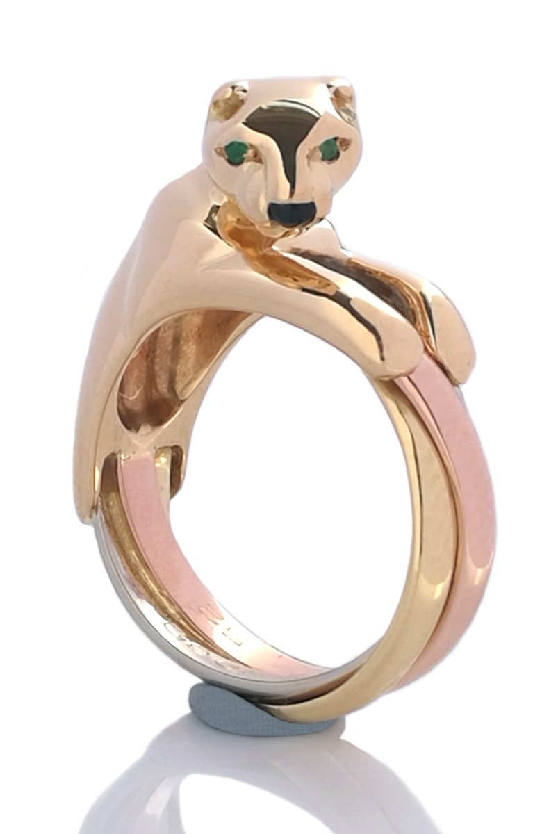 Vintage Cartier Panthere Trinity Ring in 18k Gold & Emerald, Size 52 - Bloomsbury Manor Ltd