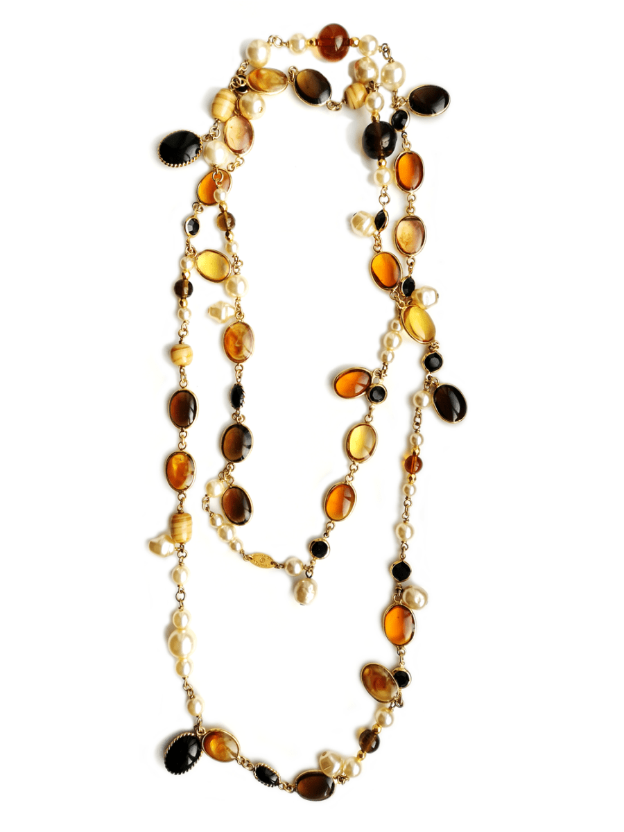Vintage Chanel Tiger's Eye & Faux Pearl Sautoir Necklace - Bloomsbury Manor Ltd