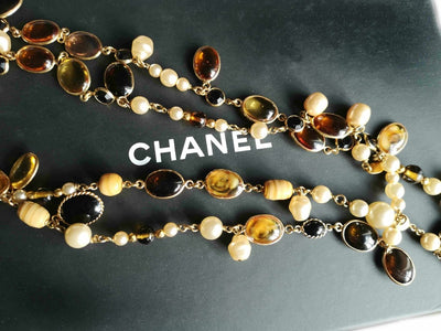Vintage Chanel Tiger's Eye & Faux Pearl Sautoir Necklace - Bloomsbury Manor Ltd