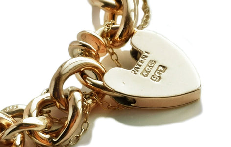 Vintage English 9k Rose Gold Curb Chain Heart Padlock Bracelet - Bloomsbury Manor Ltd