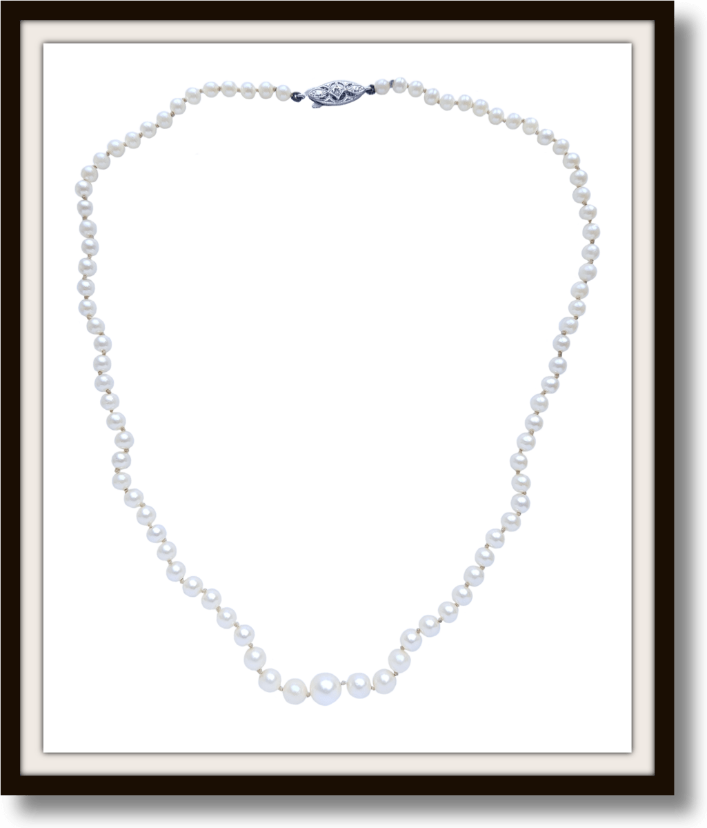 Vintage Graduated 17" Knotted Cultured Pearl Necklace 9K White Gold Clasp Rose Cut Diamond - Bloomsbury Manor Ltd