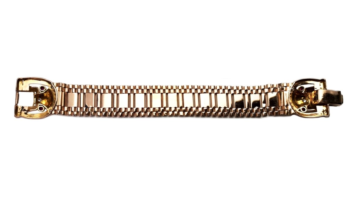 Vintage Retro 1940s 14k Rose Gold Ruby Diamond Belt Bracelet 17.5cm - Bloomsbury Manor Ltd