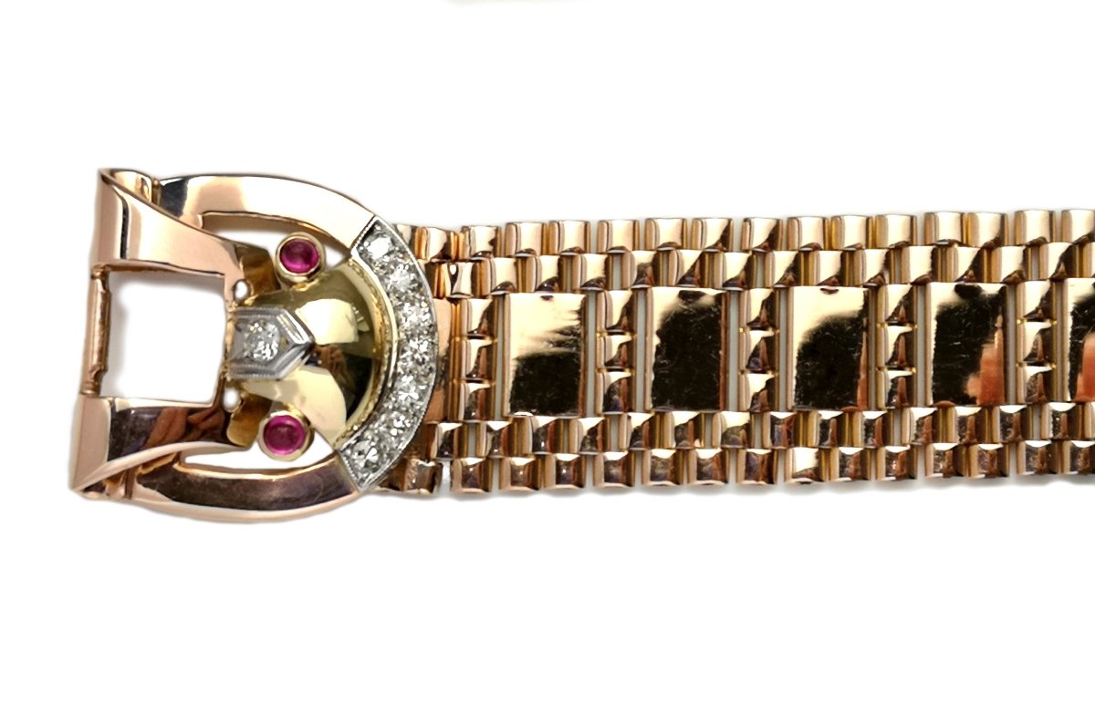 Vintage Retro 1940s 14k Rose Gold Ruby Diamond Belt Bracelet 17.5cm - Bloomsbury Manor Ltd