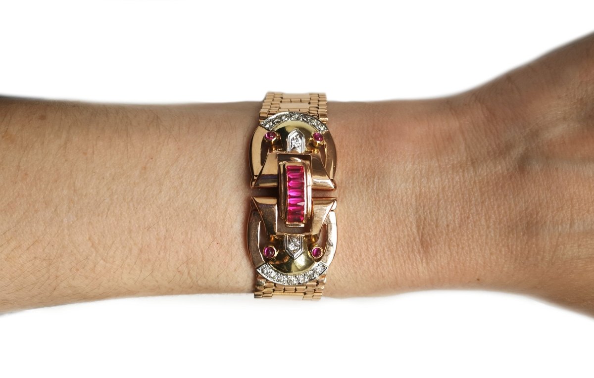 Vintage Retro 1940s 14k Rose Gold Ruby Diamond Belt Bracelet 17.5cm - Bloomsbury Manor Ltd