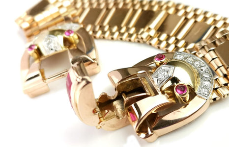 Vintage Retro 1940s 14k Rose Gold Ruby Diamond Belt Bracelet 17.5cm - Bloomsbury Manor Ltd