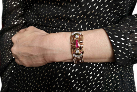 Vintage Retro 1940s 14k Rose Gold Ruby Diamond Belt Bracelet 17.5cm - Bloomsbury Manor Ltd