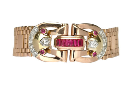 Vintage Retro 1940s 14k Rose Gold Ruby Diamond Belt Bracelet 17.5cm - Bloomsbury Manor Ltd