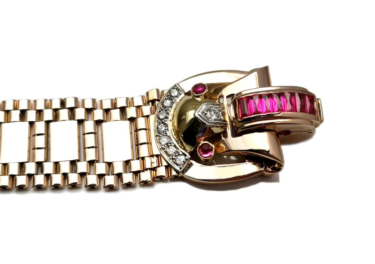 Vintage Retro 1940s 14k Rose Gold Ruby Diamond Belt Bracelet 17.5cm - Bloomsbury Manor Ltd