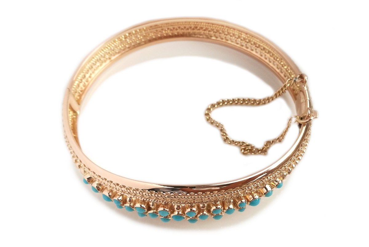 Vintage Retro Portugese Filigree 19k Rose Gold & Turquoise Bracelet - Bloomsbury Manor Ltd