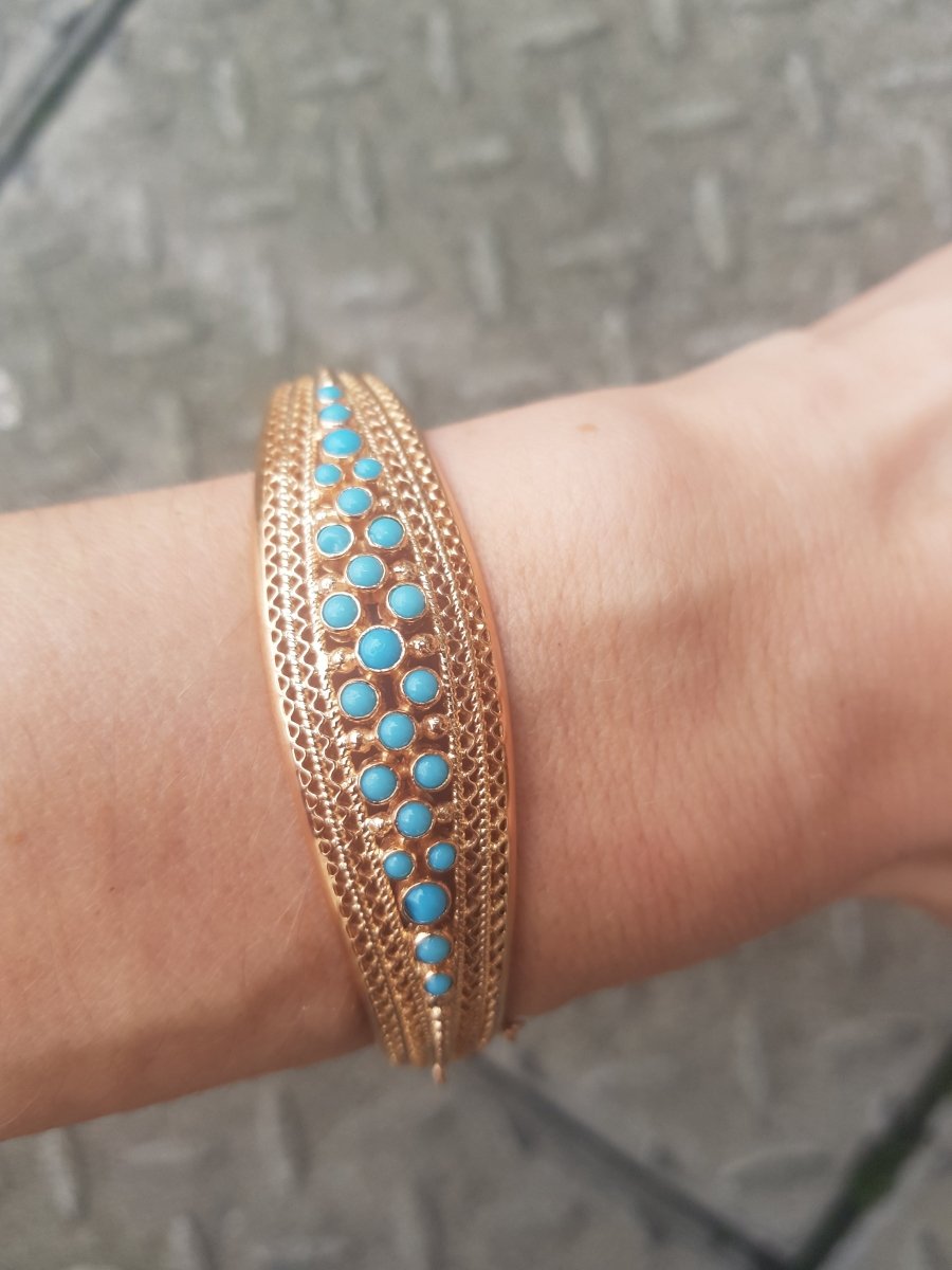 Vintage Retro Portugese Filigree 19k Rose Gold & Turquoise Bracelet - Bloomsbury Manor Ltd