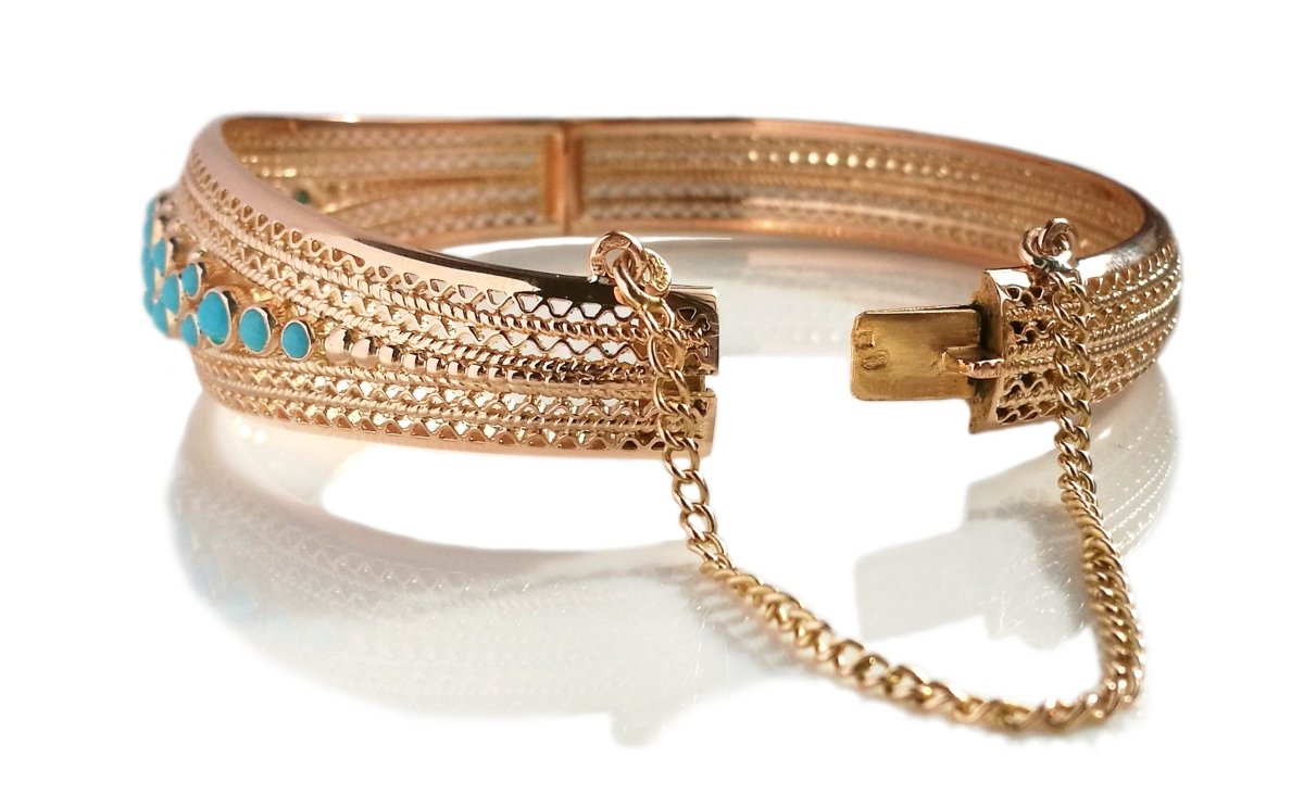 Vintage Retro Portugese Filigree 19k Rose Gold & Turquoise Bracelet - Bloomsbury Manor Ltd