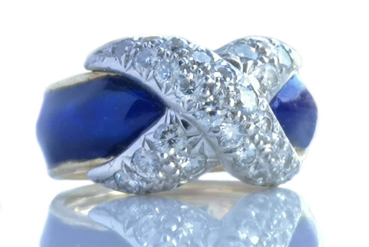 Vintage Tiffany & Co Jean Schlumberger Diamond X Blue Enamel Ring - Bloomsbury Manor Ltd