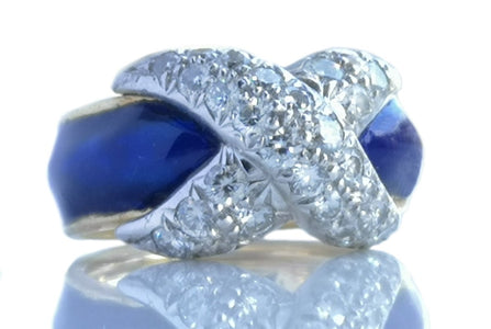 Vintage Tiffany & Co Jean Schlumberger Diamond X Blue Enamel Ring - Bloomsbury Manor Ltd