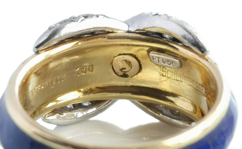 Vintage Tiffany & Co Jean Schlumberger Diamond X Blue Enamel Ring stamps - Bloomsbury Manor Ltd