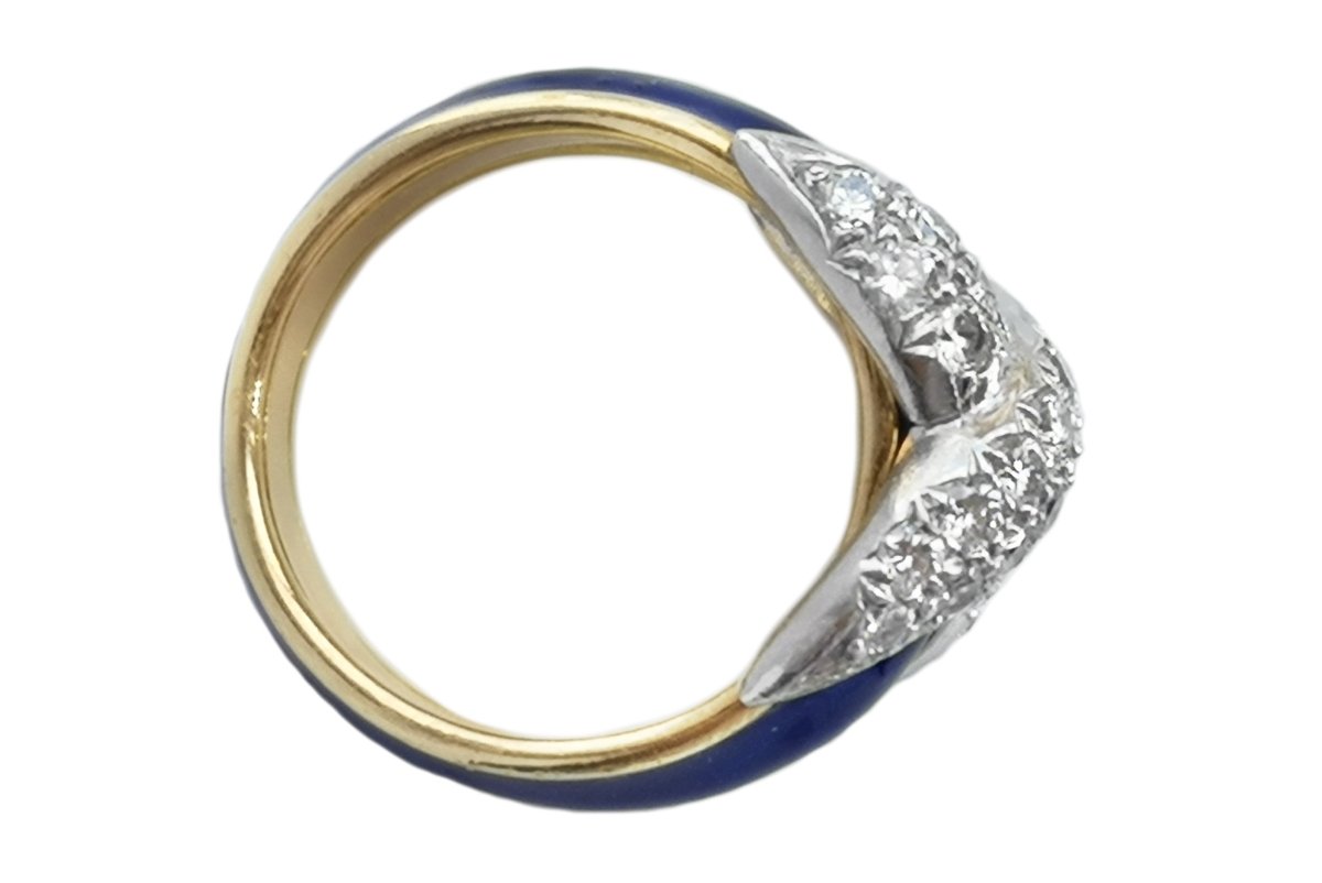 Vintage Tiffany & Co Jean Schlumberger Diamond X Blue Enamel Ring - Bloomsbury Manor Ltd