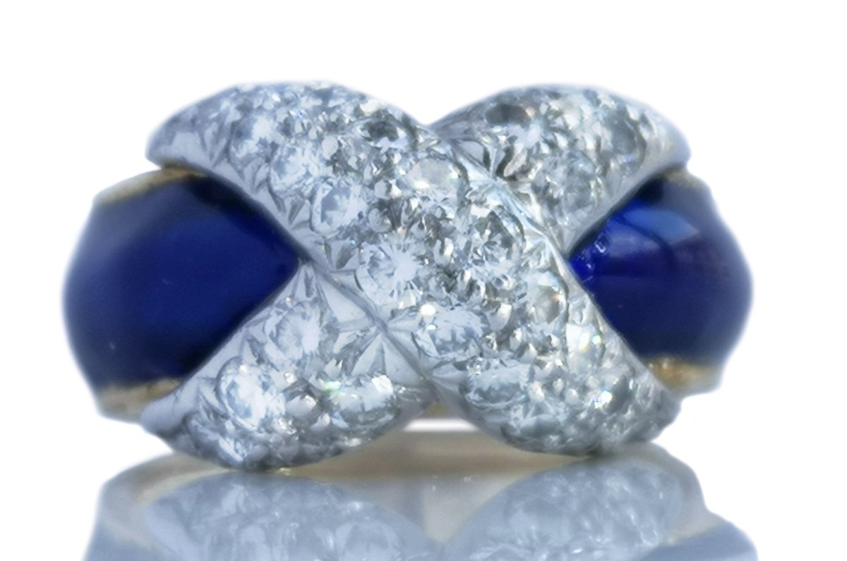 Vintage Tiffany & Co Jean Schlumberger Diamond X Blue Enamel Ring - Bloomsbury Manor Ltd