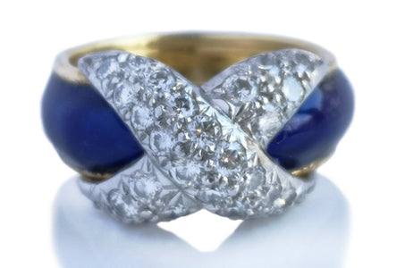 Vintage Tiffany & Co Jean Schlumberger Diamond X Blue Enamel Ring - Bloomsbury Manor Ltd