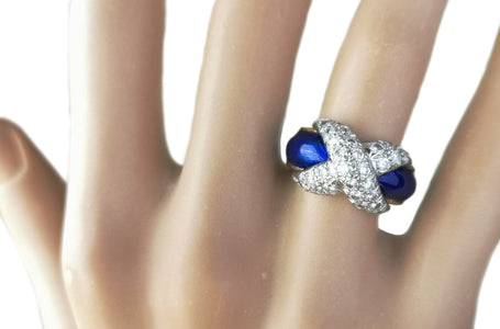 Vintage Tiffany & Co Jean Schlumberger Diamond X Blue Enamel Ring on finger - Bloomsbury Manor Ltd