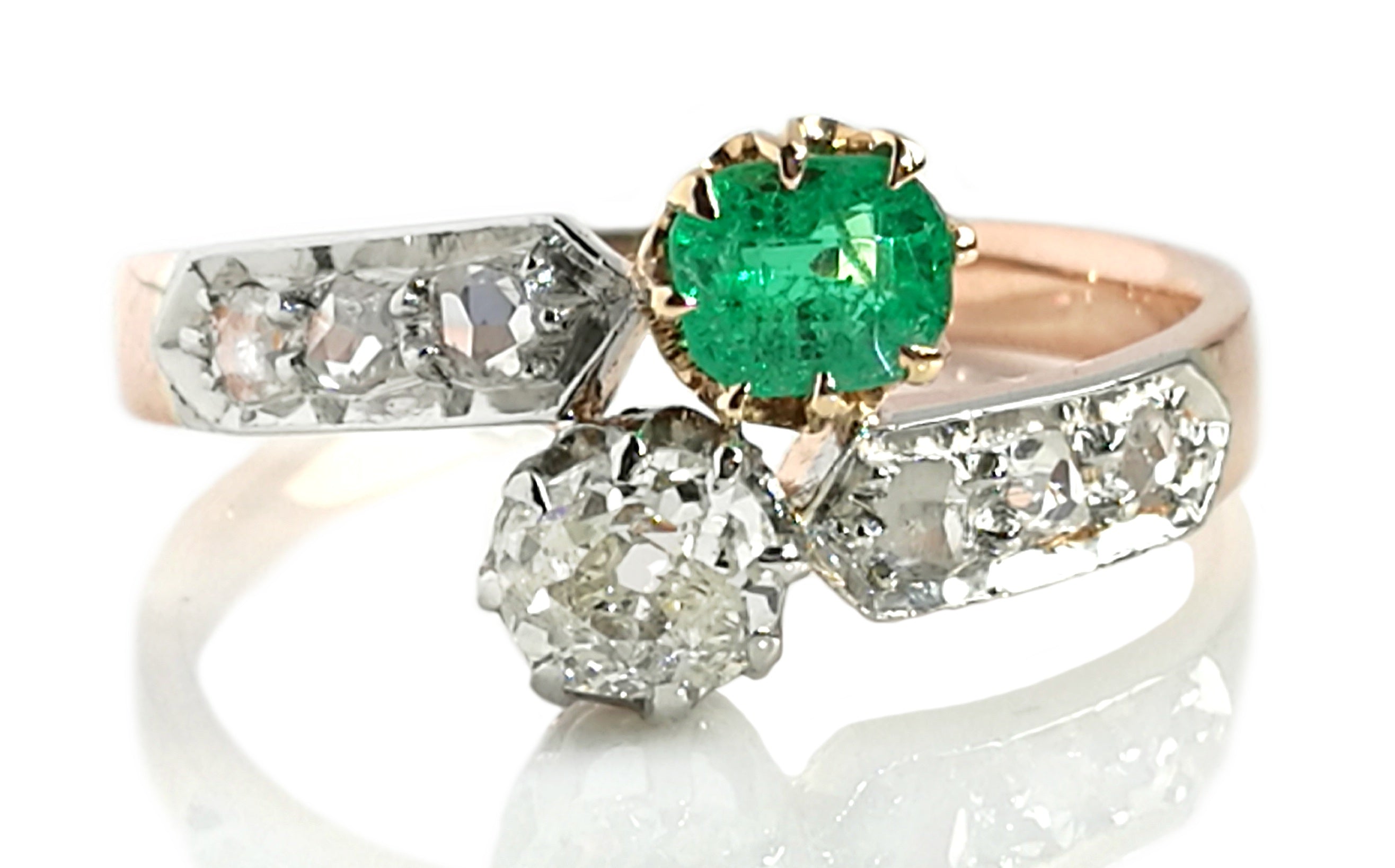 Victorian French Toi et Moi 0.82tcw Diamond & Emerald Engagement Ring in 18k Gold