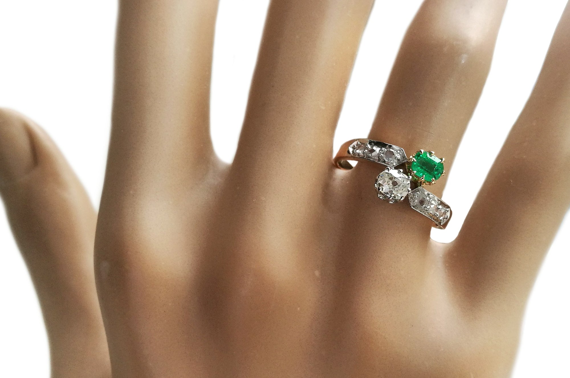 Victorian French Toi et Moi 0.82tcw Diamond & Emerald Engagement Ring in 18k Gold on hand