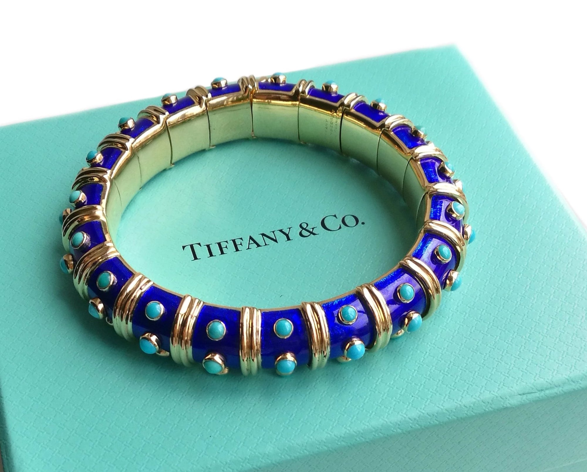 Vintage 1960s Tiffany & Co. Schlumberger Turquoise & Blue Paillonne Enamel Bracelet