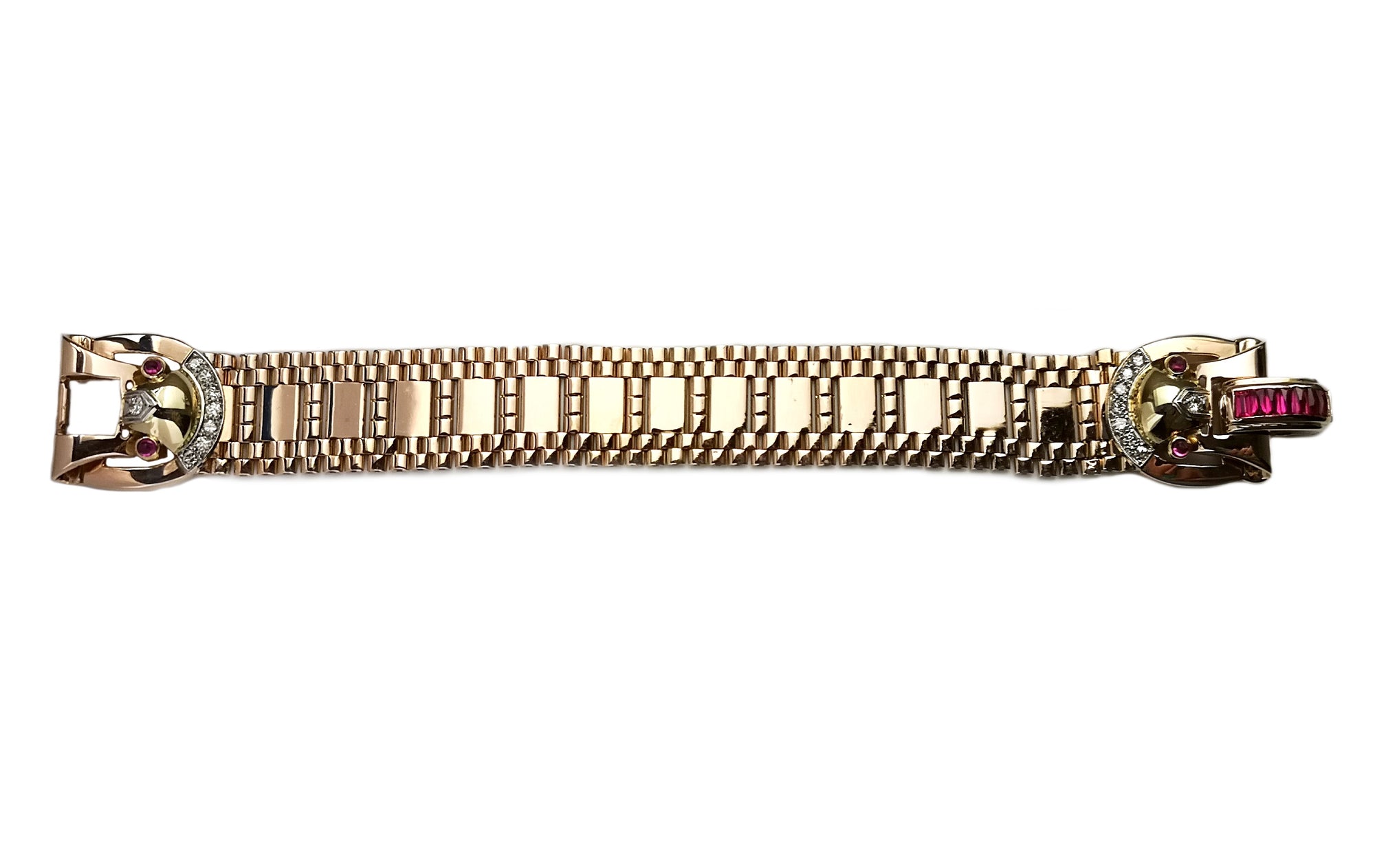 Vintage Retro 1940s 14k Rose Gold Ruby Diamond Belt Bracelet 17.5cm